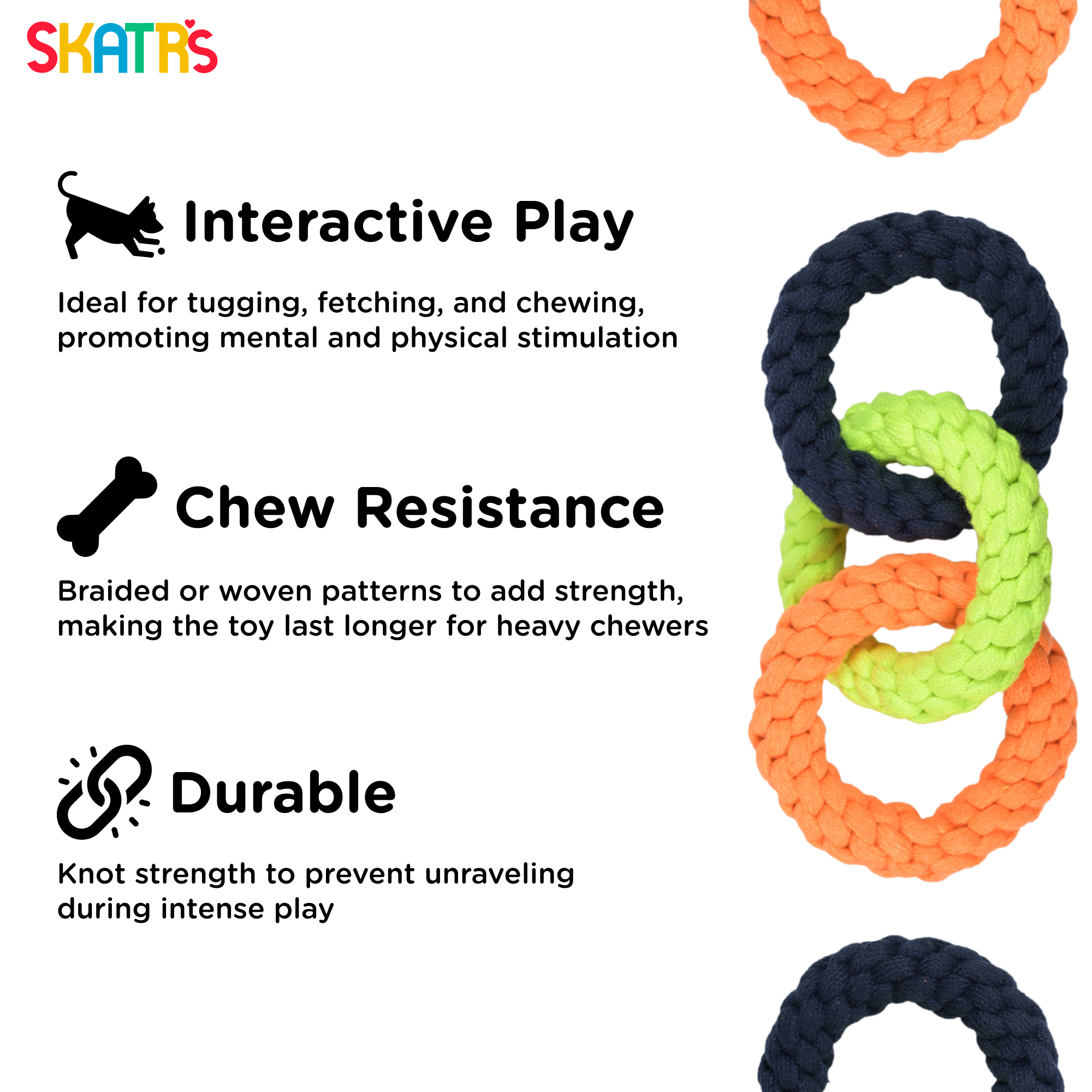 Skatrs Triple Ring Rope Chew Toy for Dogs and Cats (Neon Green/Blue/Orange) Both-Toys Skatrs