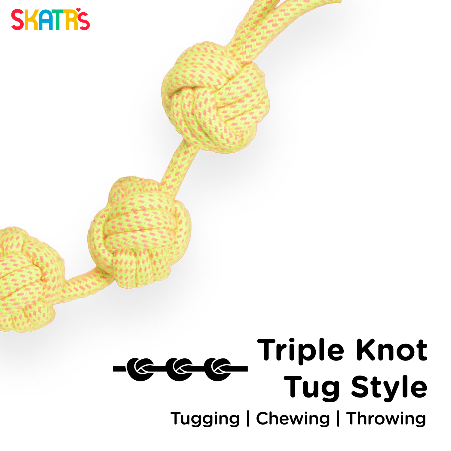 Skatrs 3 Ball Rope Tug Toy for Dogs and Cats (Yellow)