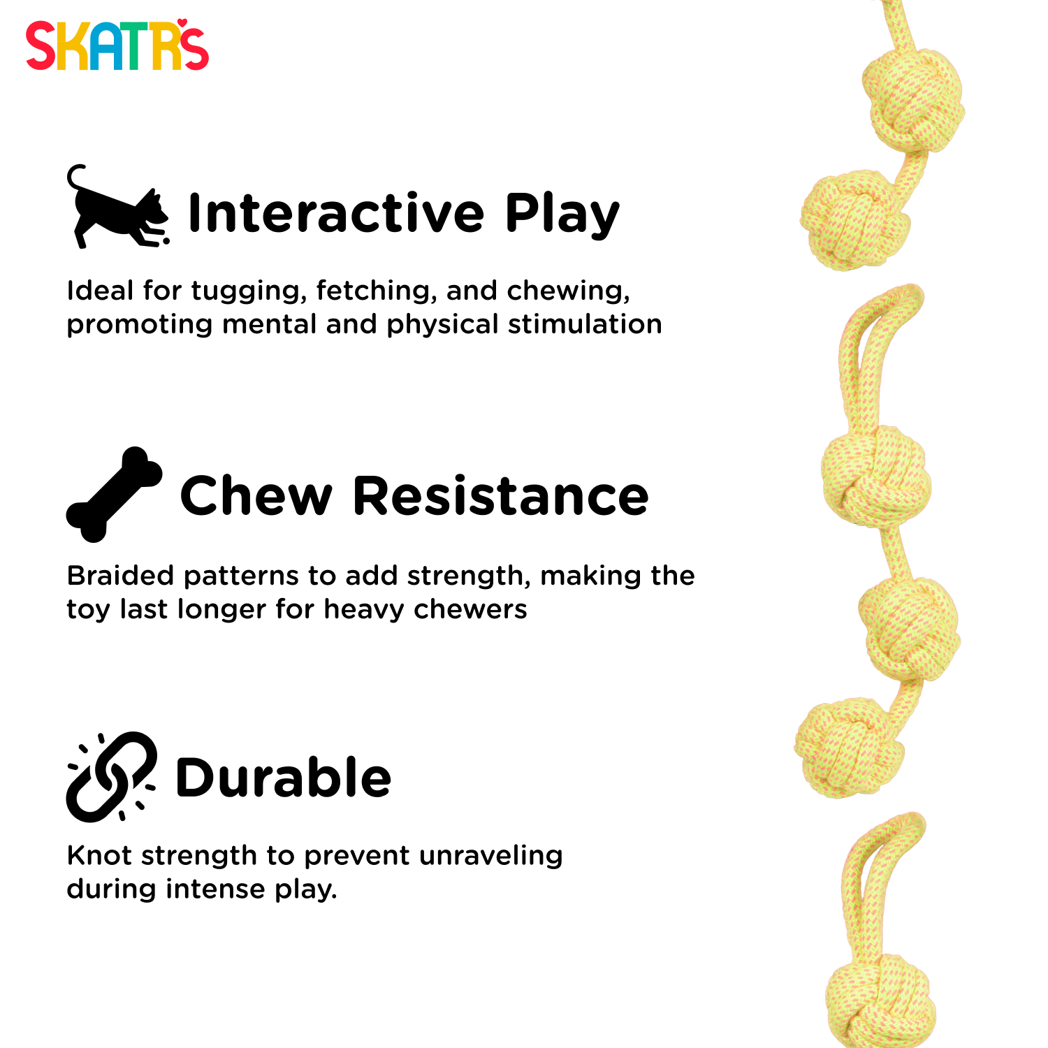 Skatrs 3 Ball Rope Tug Toy for Dogs and Cats (Yellow)