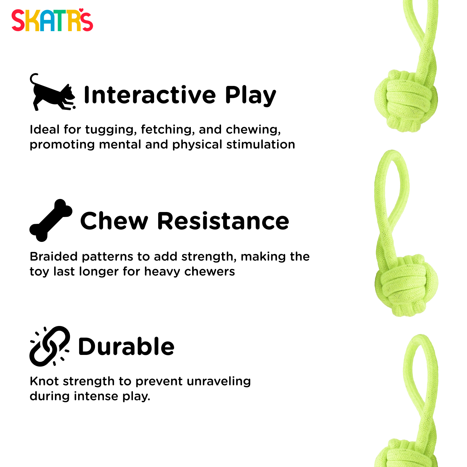Skatrs Hand Made Knotted Ball with Handle Rope Chew Toy for Cats and Dogs (Neon Green) Both-Toys Skatrs