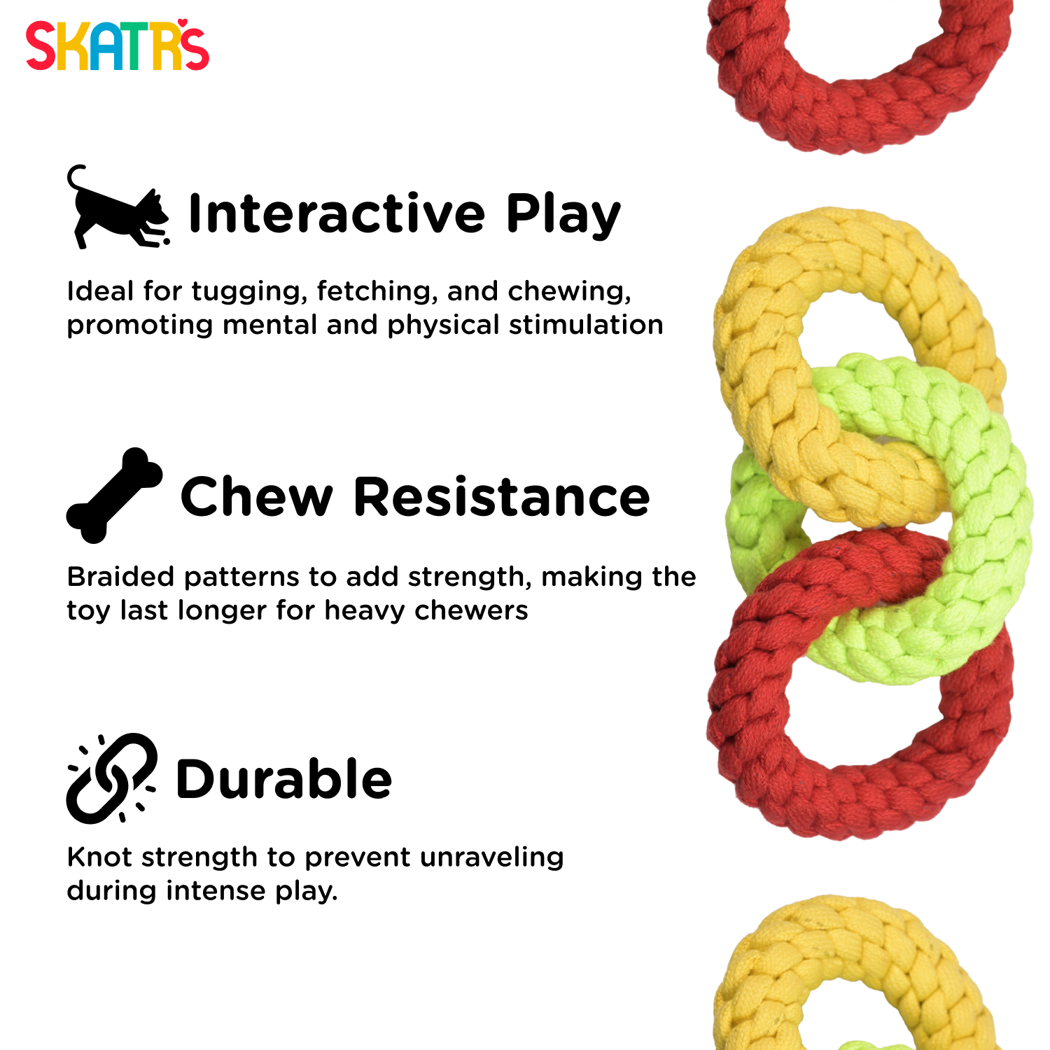 Skatrs Triple Ring Rope Chew Toy for Dogs and Cats (Neon Green/Red/Yellow) Both-Toys Skatrs
