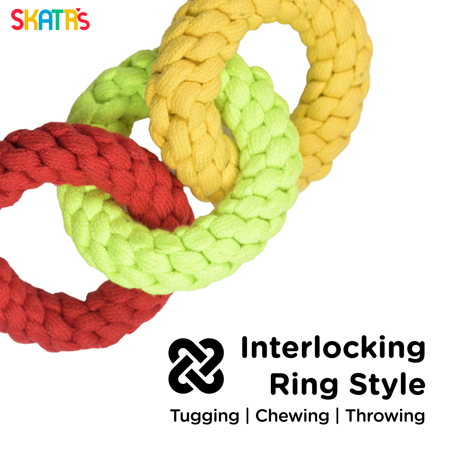Skatrs Triple Ring Rope Chew Toy for Dogs and Cats (Neon Green/Red/Yellow) Both-Toys Skatrs