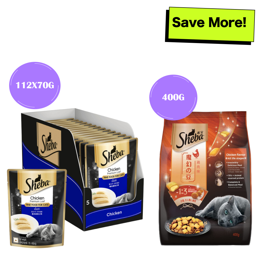 Sheba Chicken Loaf Rich Premium Adult Fine Wet Food and Chicken All Life Stage Cat Dry Food Combo Exclusive Combo Sheba 112x70g + 400g