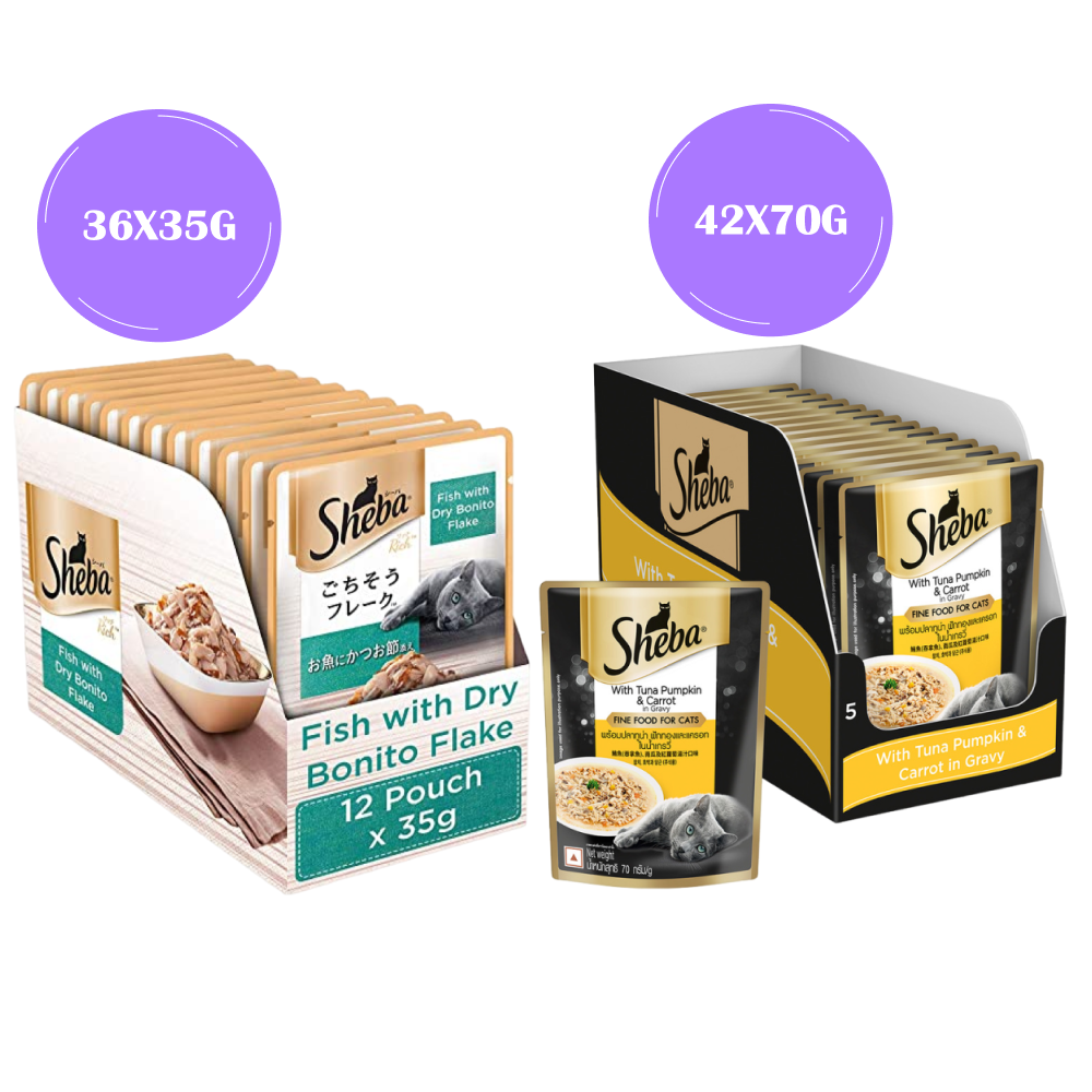 Sheba Fish with Dry Bonito Flake and Tuna Pumpkin & Carrot In Gravy Rich Premium Adult Fine Cat Wet Food Combo Cats-Wet Food Sheba