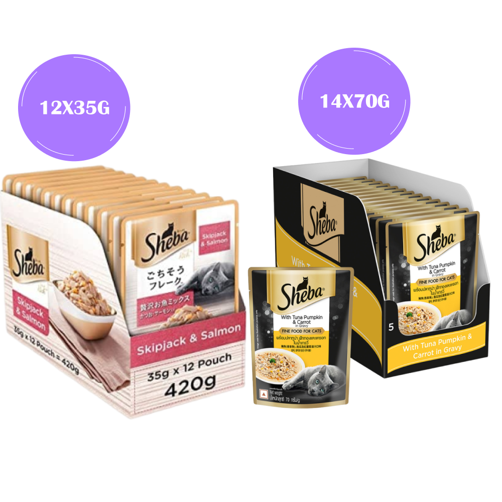 Sheba Skipjack & Salmon and Tuna Pumpkin & Carrot In Gravy Rich Premium Adult Fine Cat Wet Food Combo Cats-Wet Food Sheba 12x35g + 14x70g