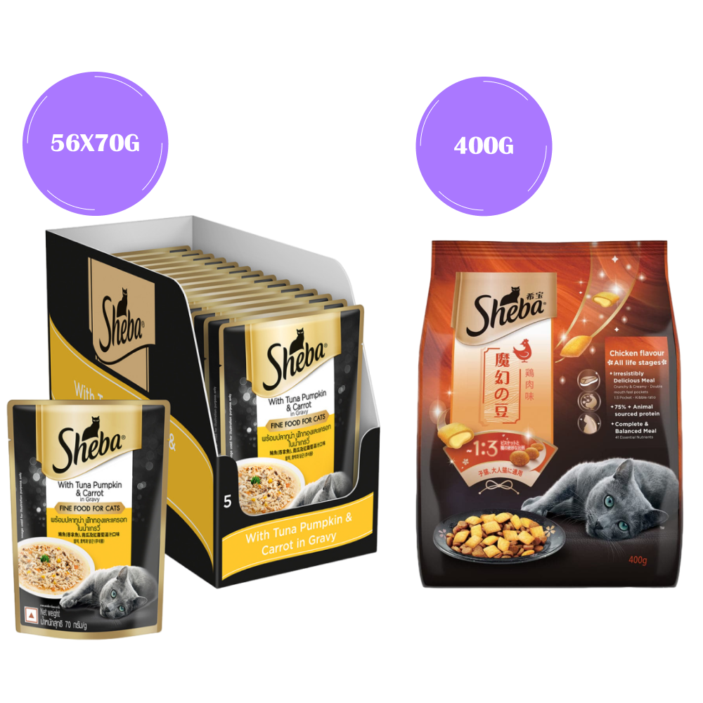 Sheba Tuna Pumpkin & Carrot In Gravy Rich Premium Adult Fine Cat Wet Food and Chicken All Life Stage Cat Dry Food Combo Exclusive Combo Sheba 56x70g + 400g