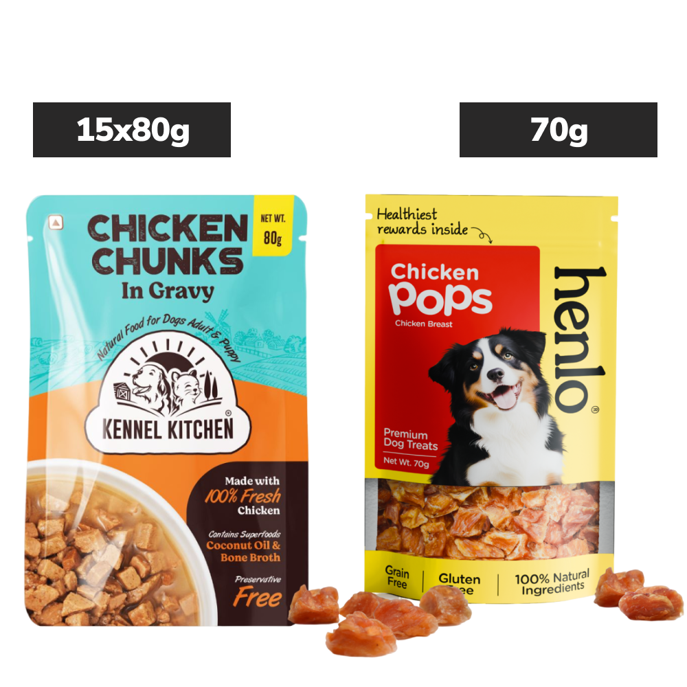 Kennel Kitchen Chicken Chunks in Gravy Wet Food and Henlo Chicken Pops Dog Treats Combo Dogs-Wet Food Kennel Kitchen 15x80g+70g