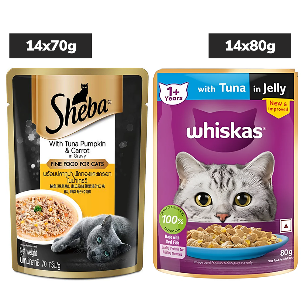 Sheba Tuna Pumpkin & Carrot In Gravy and Whiskas Tuna in Jelly Cat Wet Food Combo Exclusive Combo Exclusive Combo 14x70g+14x80g