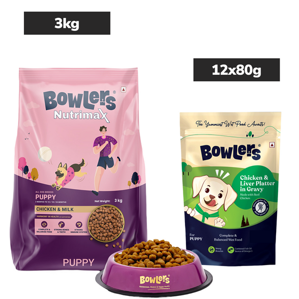 Bowlers Chicken & Milk Nutrimax Puppy Dog Dry and Chicken & Liver Recipe in Gravy Puppy Dog Wet Food Combo