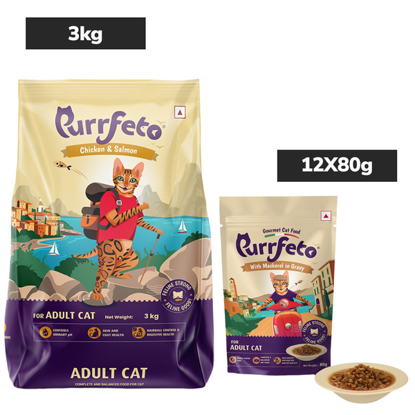 Purrfeto Chicken & Salmon Dry and Mackerel in Gravy Adult Cat Wet Food Combo