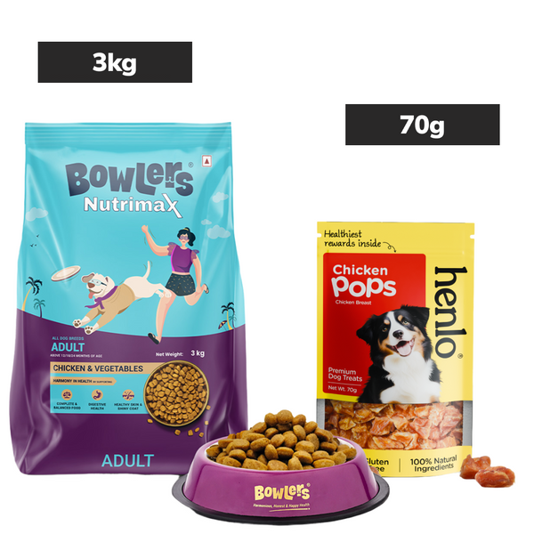Bowlers Nutrimax Chicken and Vegetables Adult Dog Dry Food and Henlo Chicken Pops Dog Treats Combo