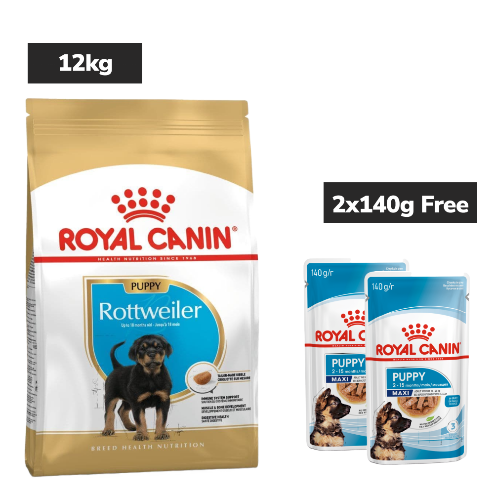 Royal Canin Rottweiler Puppy Dog Dry Food Dogs- Dry Food Royal Canin 12kg+2x140g (Wet Free)