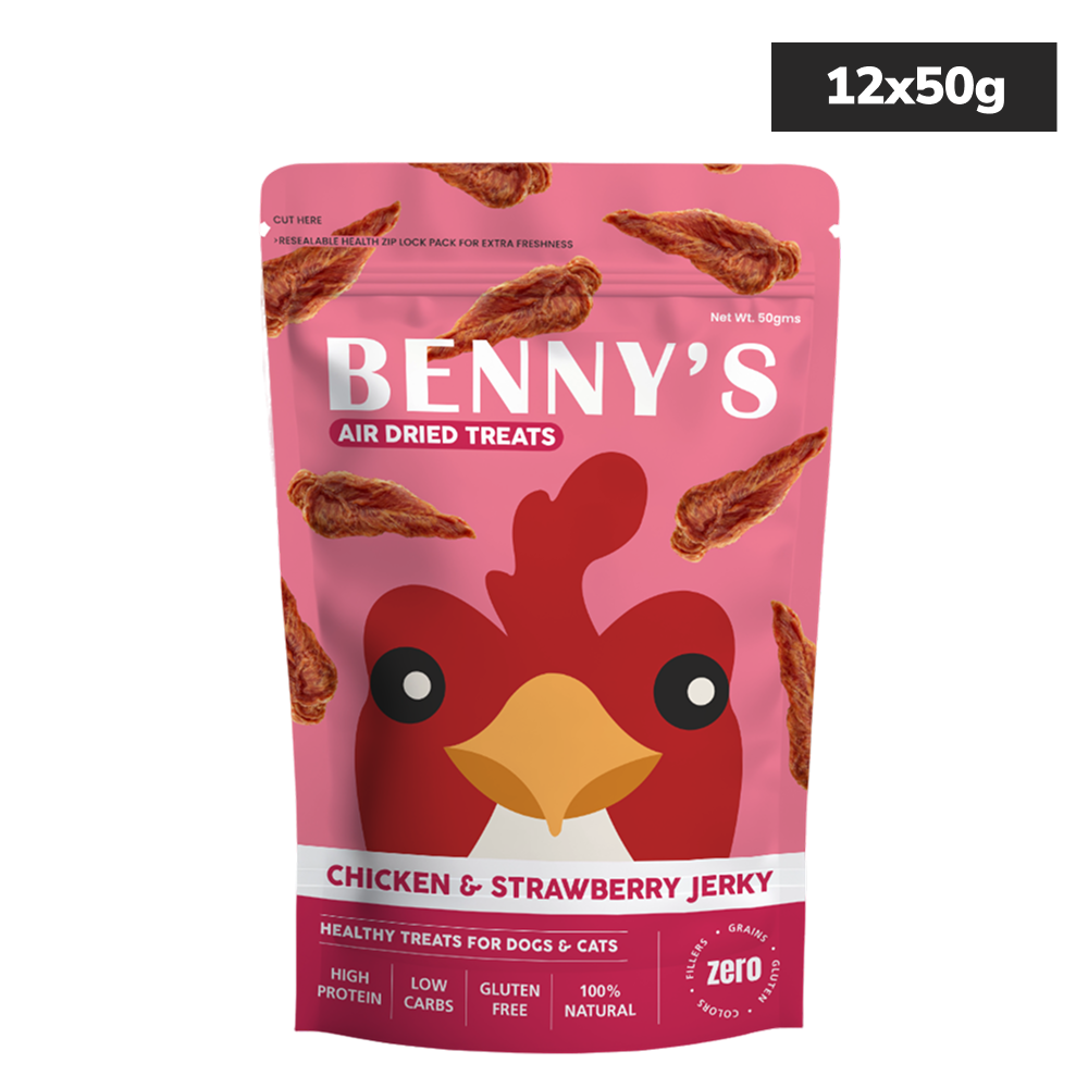 Bennys Bowl Chicken and Strawberry Jerky Dog Treats Dog Treats + Others Bennys Bowl 12x50g