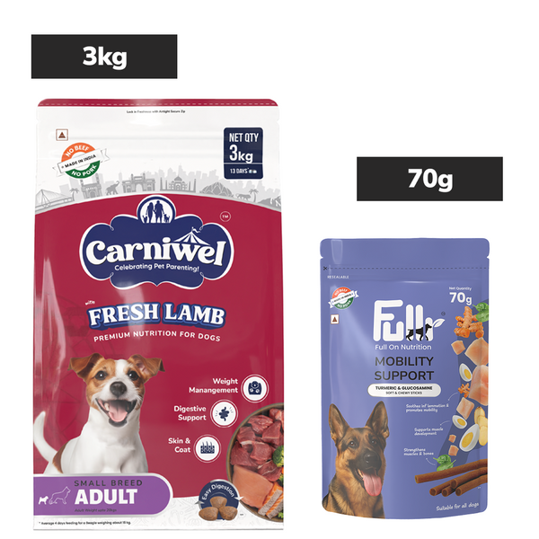 Carniwel Fresh Lamb Small Breed Adult Dog Dry Food and Fullr Mobility Support Soft and Chewy Stick Dog Treats