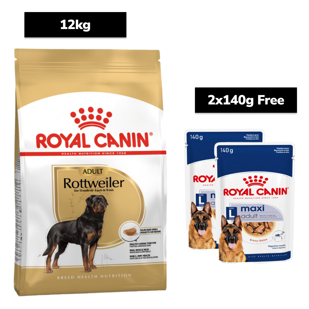 Royal Canin Rottweiler Adult Dog Dry Food Dogs- Dry Food Royal Canin 12kg+2x140g (Wet Free)