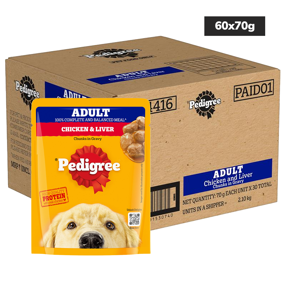 Pedigree Chicken and Liver Chunks in Gravy Adult Dog Wet Food (70g) Dogs-Wet Food Pedigree 60x70g