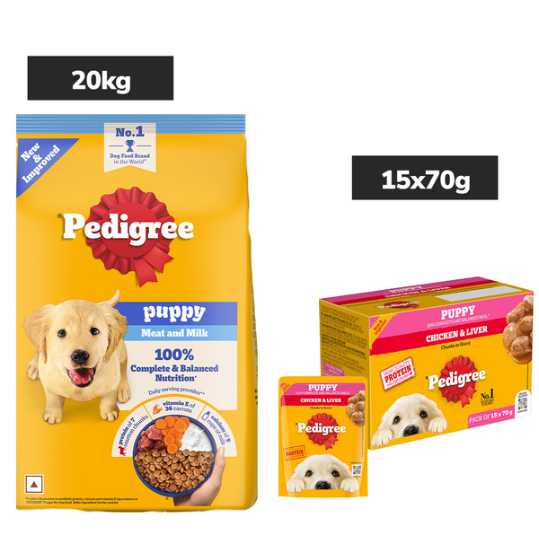 Pedigree Puppy Dog Food Combo |Meat & Milk Dry & Chicken & Liver Wet