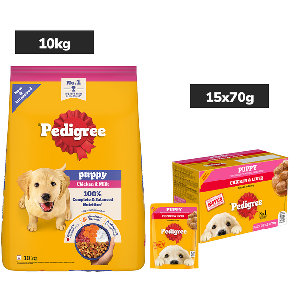 Pedigree Puppy Dog Food Combo |Chicken & Milk Dry & Chicken & Liver Wet
