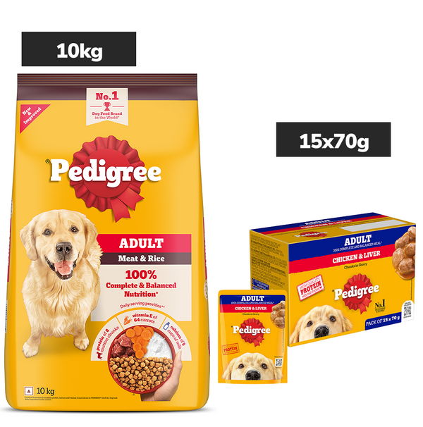 Pedigree Adult Dog Food Combo |Meat & Rice Dry & Chicken & Liver Wet