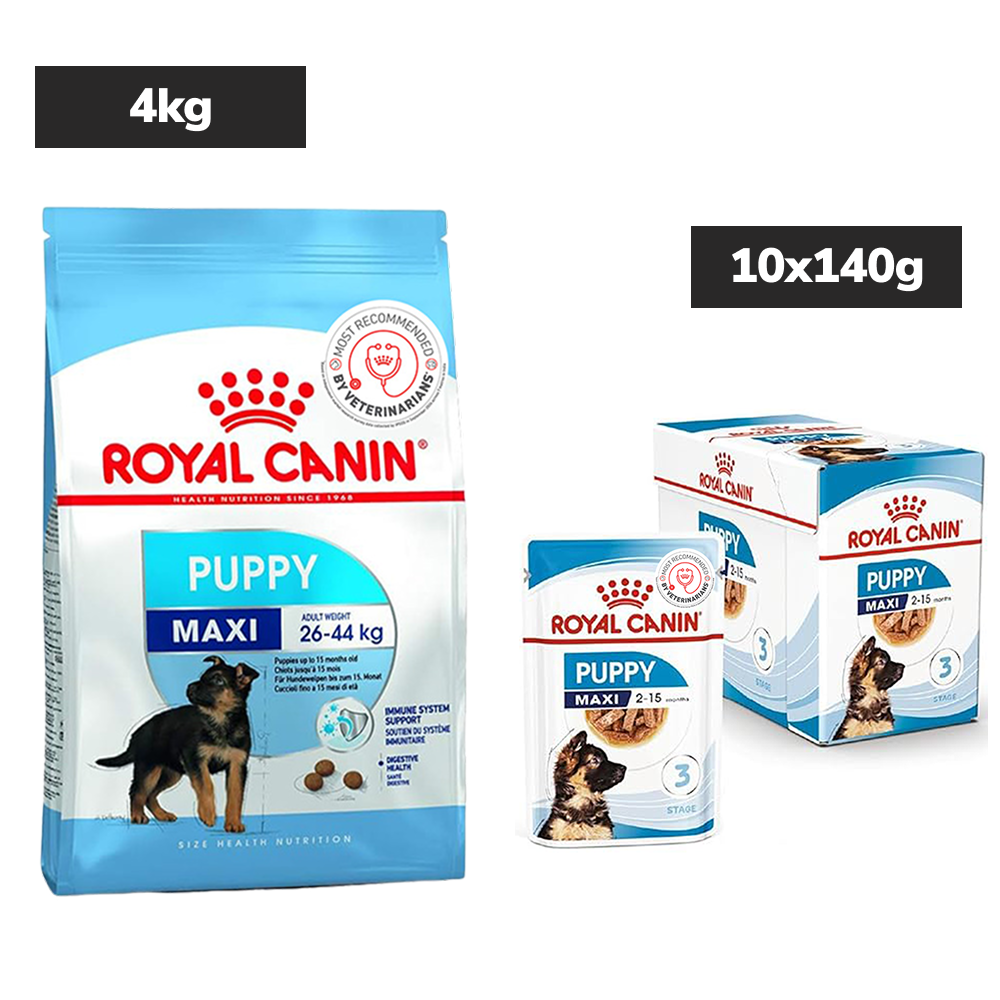 Royal Canin Maxi Puppy Dog Dry Food Dogs- Dry Food Royal Canin 4kg(Dry)+10x140g(Wet)