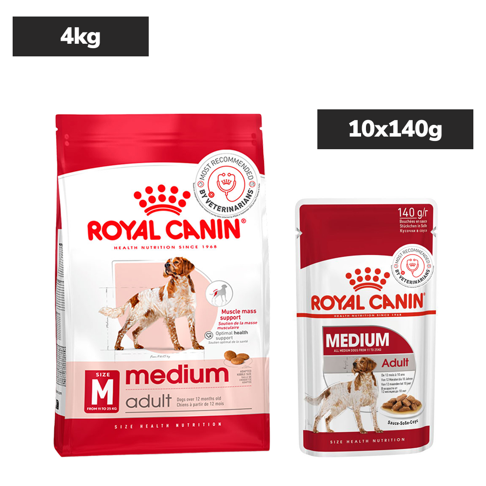 Royal Canin Medium Adult Dog Wet Food Dogs-Wet Food Royal Canin 4kg(Dry)+10x140g(Wet)