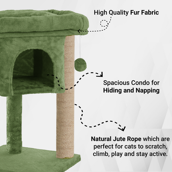 Furrlovers Cat & Kitten Scratching Post Activity Tree with Plush Fur, Jute Rope & Detachable Bed (Green)