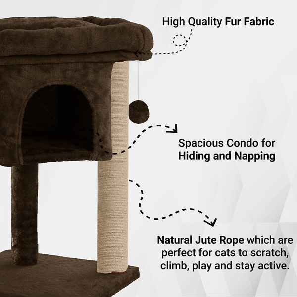 Furrlovers Cat & Kitten Scratching Post Activity Tree with Plush Fur, Jute Rope & Detachable Bed (Brown)