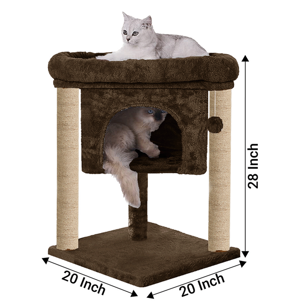 Furrlovers Cat & Kitten Scratching Post Activity Tree with Plush Fur, Jute Rope & Detachable Bed (Brown)