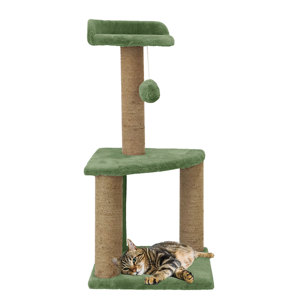 Furrlovers Two Floor Soft Fur Activity Cat Tree for Kittens & Cats with Scratching Post, Natural Sisal Rope & Hanging Ball (Green)