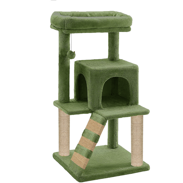 Furrlovers Fur Fabric Cat Tree with Ladder, Hanging Toy & Jute Rope Scratching Post (Green)