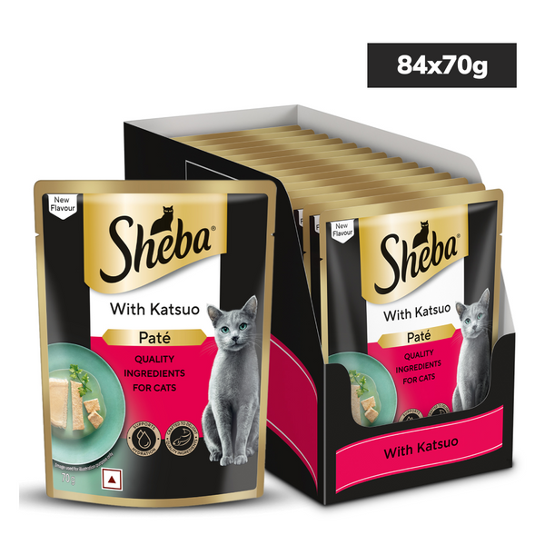 Sheba Katsuo Pate Wet Food and Duo Tuna & Chicken, Salmon & Tuna, Chicken & Salmon Crunchy Treats Combo for Adult Cat