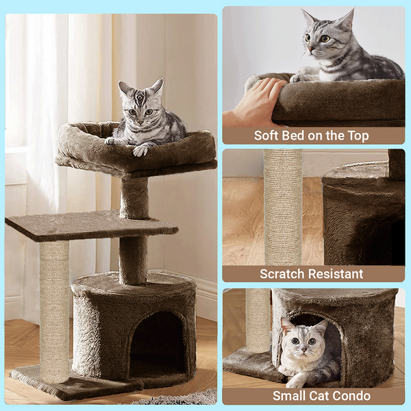 Furrlovers Multilevel Tree with Jute Rope Scratching Post and Fur Fabric Condo for Cats (Brown)