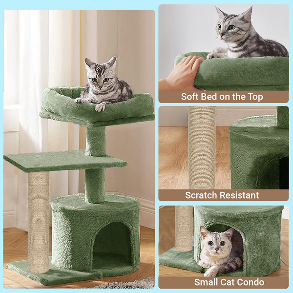 Furrlovers Multilevel Tree with Jute Rope Scratching Post and Fur Fabric Condo for Cats (Green)