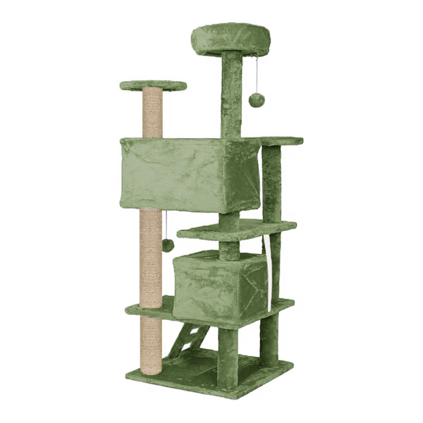 Furrlovers Multi Condo Kitten & Cat Tree with Plush Fur Fabric, Ladder, Top Perches, Playing Balls & Jute Rope Scratching Posts (Green)