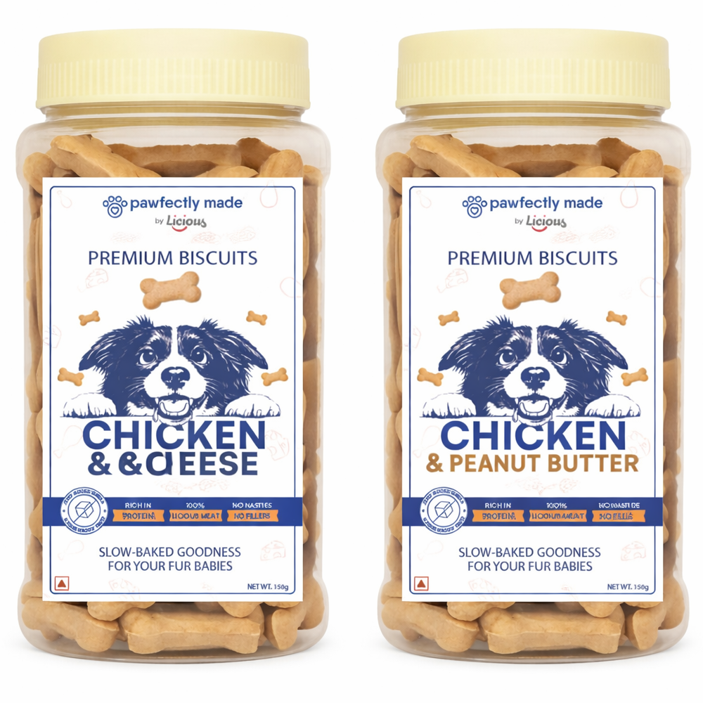 Pawfectly Made By Licious Chicken & Peanut, Chicken & Cheese Butter Biscuits Dog Treats Combo Dog Treats + Others Pawfectly Made By Licious 150g+150g