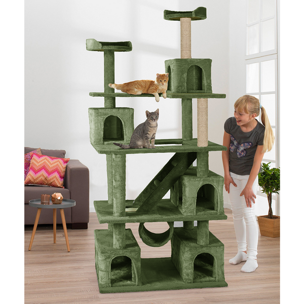 Furrlovers Multilevel Cat Tree with Ladder, Tunnel & Jute Rope Scratching Posts (Green)