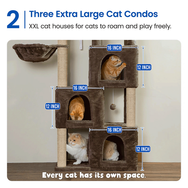 Furrlovers Multilevel Fur Fabric Cat Tree with Condos, Hanging Ball & Jute Rope Scratching Posts (Brown)