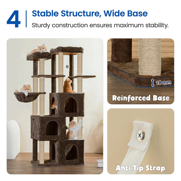 Furrlovers Multilevel Fur Fabric Cat Tree with Condos, Hanging Ball & Jute Rope Scratching Posts (Brown)