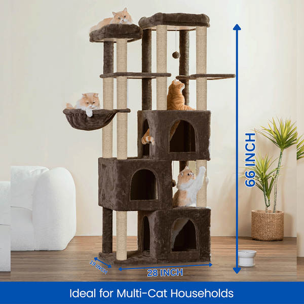 Furrlovers Multilevel Fur Fabric Cat Tree with Condos, Hanging Ball & Jute Rope Scratching Posts (Brown)
