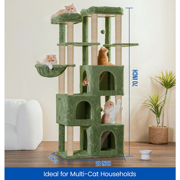 Furrlovers Multilevel Fur Fabric Cat Tree with Condos, Hanging Ball & Jute Rope Scratching Posts (Green)