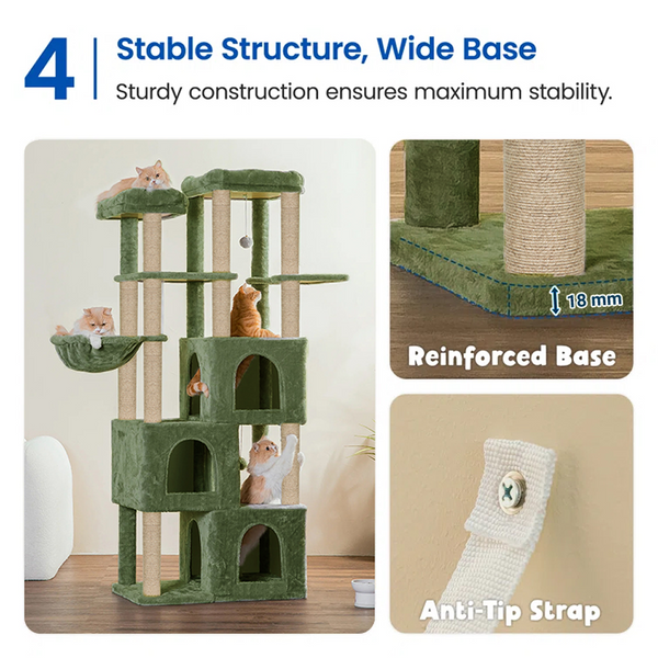 Furrlovers Multilevel Fur Fabric Cat Tree with Condos, Hanging Ball & Jute Rope Scratching Posts (Green)