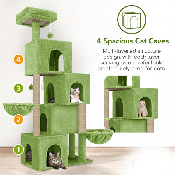 Furrlovers Multilevel Plush Cat Tree with Condo, Hammock & Jute Rope Scratching Posts (Green)