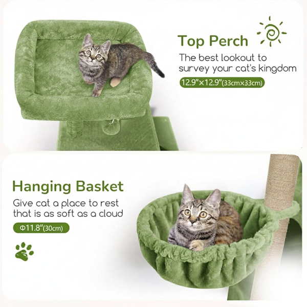 Furrlovers Multilevel Plush Cat Tree with Condo, Hammock & Jute Rope Scratching Posts (Green)