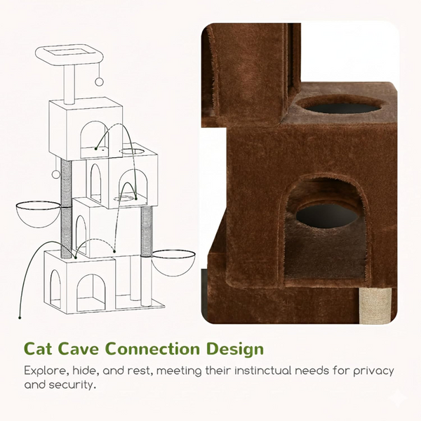 Furrlovers Multilevel Plush Cat Tree with Condo, Hammock & Jute Rope Scratching Posts (Brown)