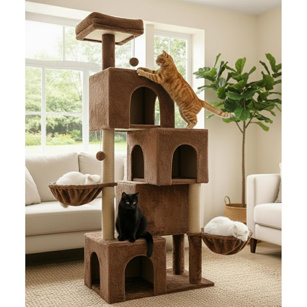 Furrlovers Multilevel Plush Cat Tree with Condo, Hammock & Jute Rope Scratching Posts (Brown)