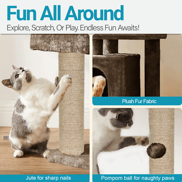 Furrlovers Plush Cat Scratching Post & Activity Tree with Hammock, Condo & Sisal Rope (Brown)
