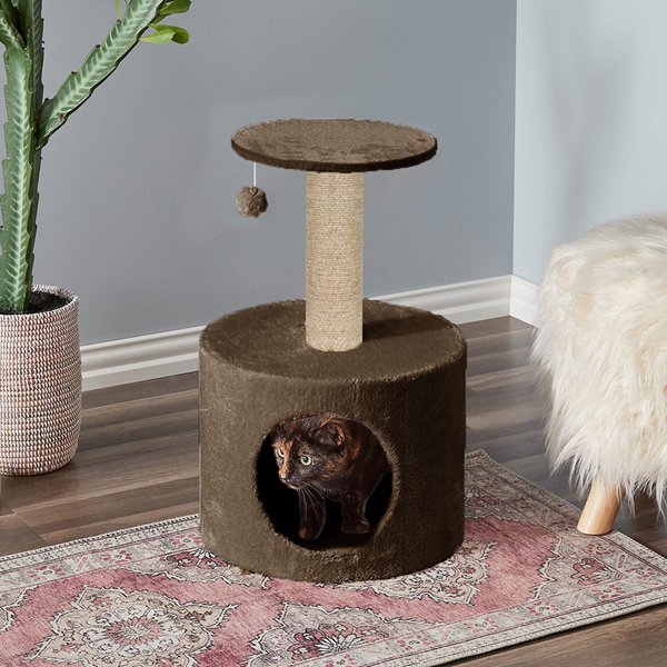 Furrlovers Plush Fur Cat Tree Condo with Jute Rope & Hanging Ball (Brown)