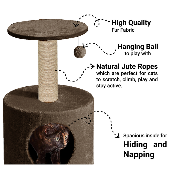 Furrlovers Plush Fur Cat Tree Condo with Jute Rope & Hanging Ball (Brown)