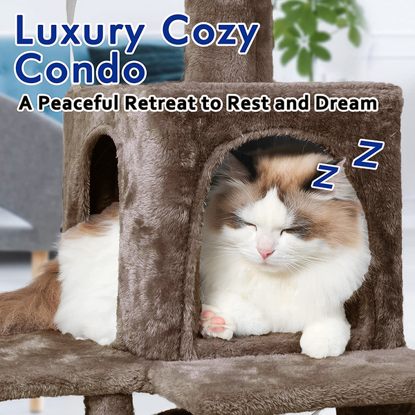 Furrlovers Plush Fabric Cat Tree with Top Bed, Hammock & Jute Rope Scratching Posts (Brown)