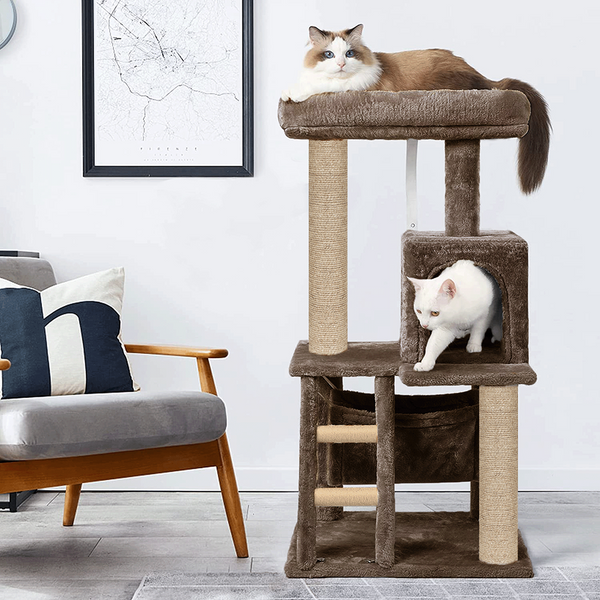 Furrlovers Plush Fabric Cat Tree with Top Bed, Hammock & Jute Rope Scratching Posts (Brown)